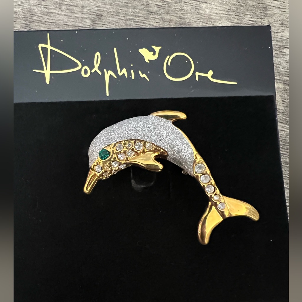 Gold & Silver Dolphin Brooch With Green Crystal Eye